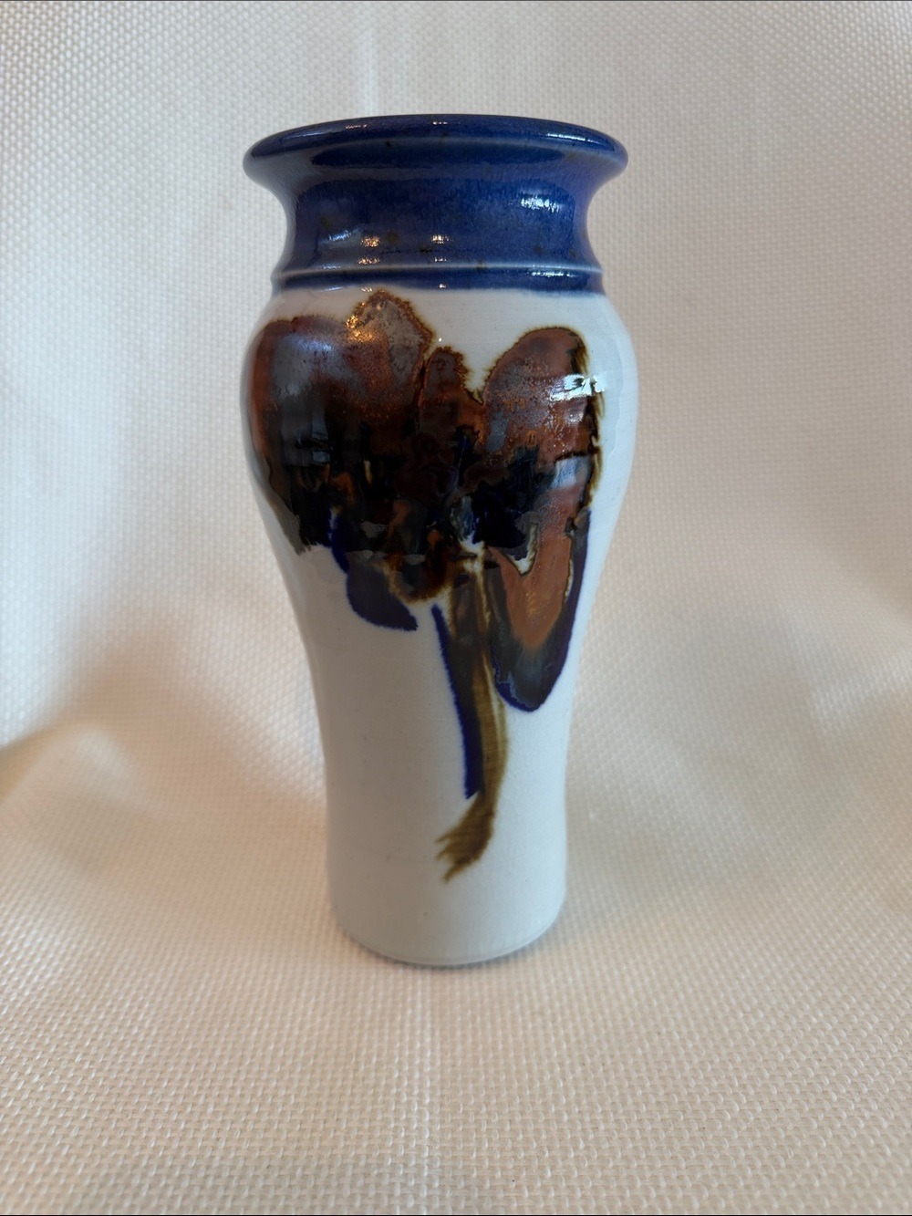 Vintage Art Pottery Hand Thrown Vase Earth Grey Blue Brown Tones 8.25" Tapered